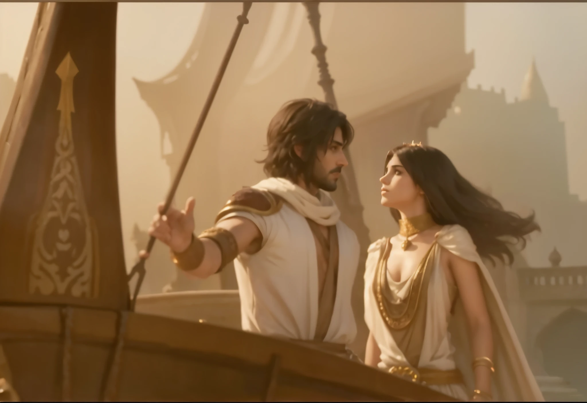 The prince and princess in a vehicle based on the game Prince of Persia