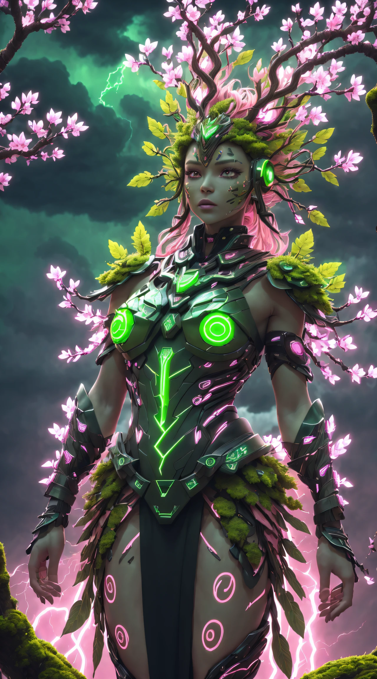 Plant Maiden,metal leaf,Wired branch,glowing light eyes,mechanical bark,bark covered with moss,tribe outfit,majestic figure,(ancient tribal markings),Control the tendrils extending from the arms,Neon lights dance on the body,(Lightning around branches and leaves),(peach blossom),The petals are soft and delicate,Vibrant colors,(A harmonious blend of green and pink),(Ominous dark clouds in the sky),Night atmosphere,A futuristic,Vibrant colors and high-contrast lighting,Dramatic shadows and highlights.(Best quality, 4K, 8K, tmasterpiece: 1.2), ultra - detailed, (actual, Shoot real, Shoot real: 1.37)