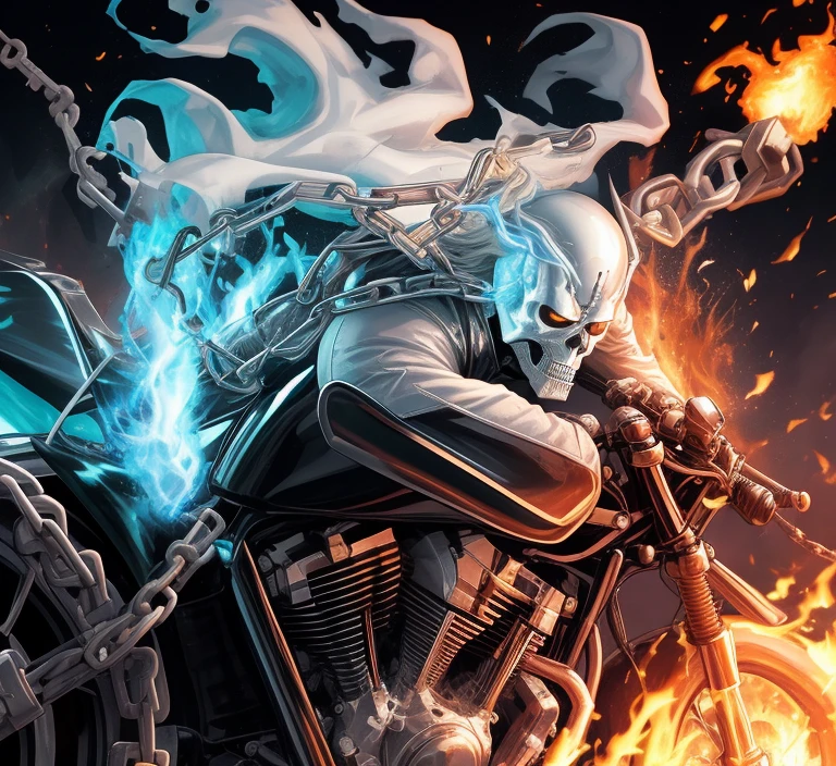 ghost rider, in action, using chains, white fire and clothes, super visually muscular, all fire white,