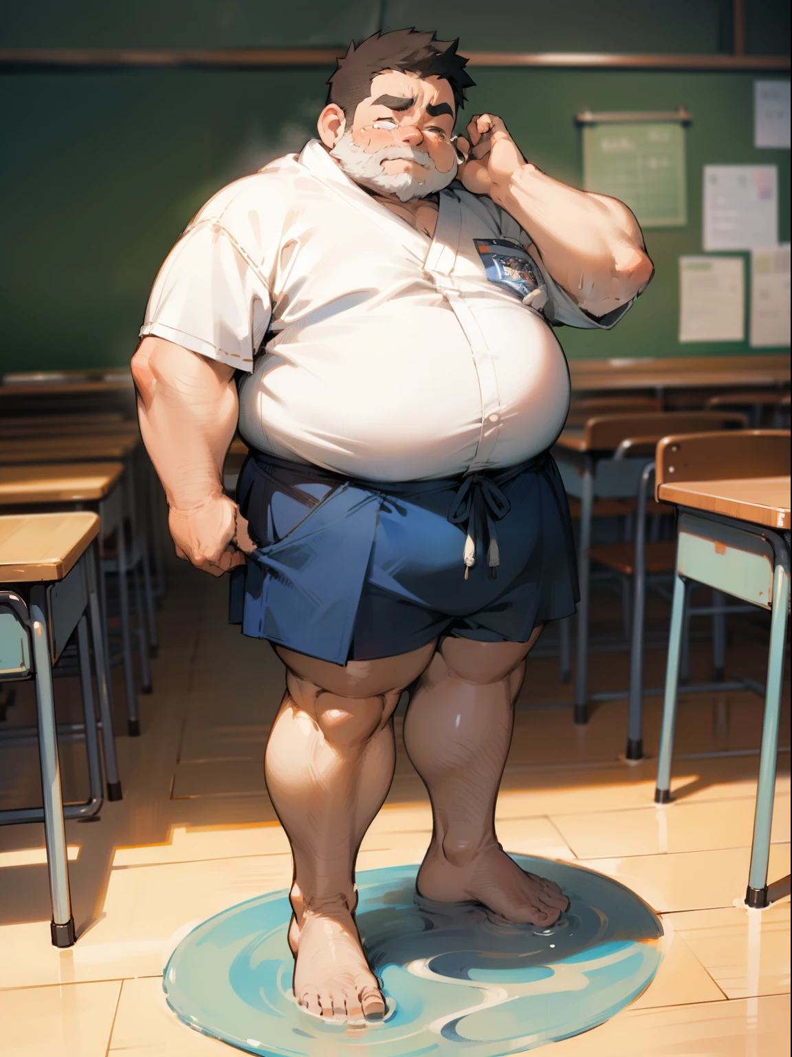 A thick man is 50yo in japan, 1man, stand and slouching look down, dwarfism, Wearing a infant under wear, Pampers, Bowleg, Bare legs, shirtless, obesity with a protruding belly, short stature and short limbs, Round face, crew cut, Shy, tearful, sobbing, There is a small puddle at his feet, classroom, a picture, high detail photo, masterpiece