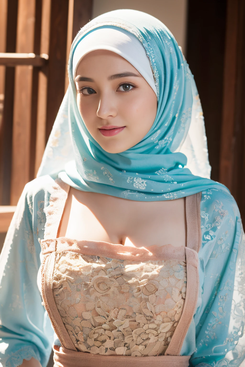 top-quality,Beautiful detailed hijabi,Bewitching face,mongol teen model,long lashes,Wearing a colorful (naked_apron),Hide your mouth with a lace cloth,Detailed details,Colossal tits,sideboobs,stares at the camera