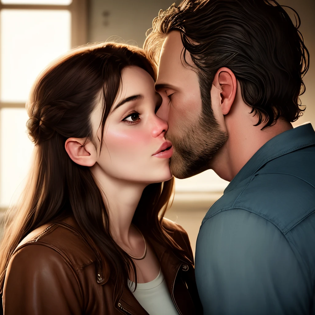 
bearded woman, brown hair, amber eyes, simulates a kiss