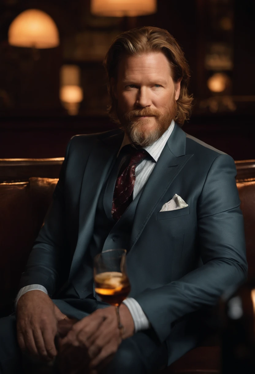 A photo of Harvey sitting in a dimly lit jazz club, with a half-empty glass of bourbon in hand, watching the band play with a sardonic smirk on his face.,Gotham,Harvey is an older male, with ginger and grey shaggy hair and beard, wears a suit and tie and fedora, famously portrayed by Donal Logue, male