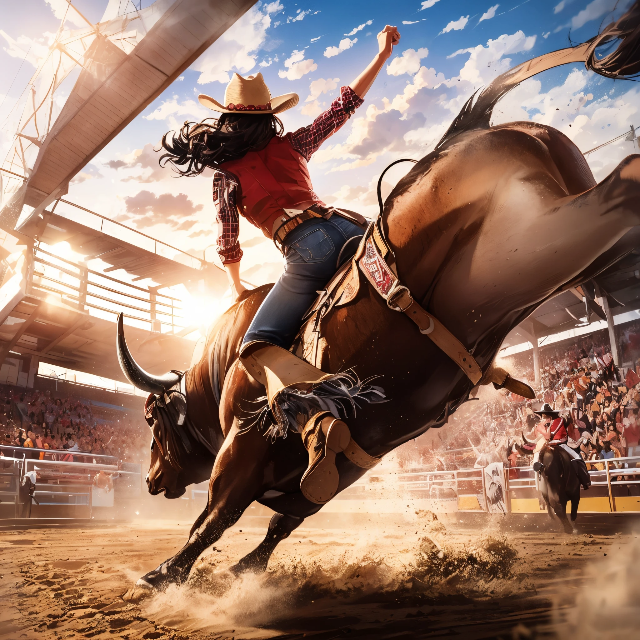 A back shot of a Japanese woman cowgirl riding a bull in a rodeo. The bull is powerfully kicking up its hind legs while the cowgirl skillfully stays atop. She is dressed in traditional rodeo attire, including a cowboy hat, denim, and boots. The background features the rodeo arena with an enthusiastic audience. The image should be dynamic, realistic, and showcase the excitement and challenge of the rodeo.