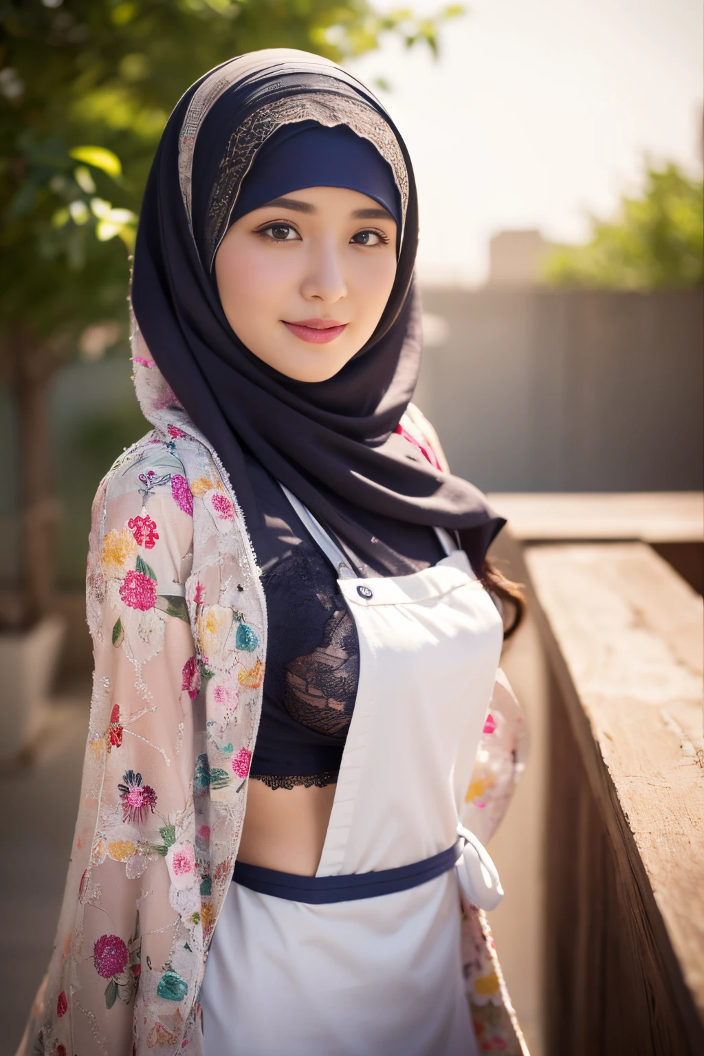 top-quality,Beautiful detailed hijabi,Bewitching face,mongol model,long lashes,Wearing a colorful (naked_apron),Hide your mouth with a lace cloth,Detailed details,Colossal tits,sideboobs,stares at the camera