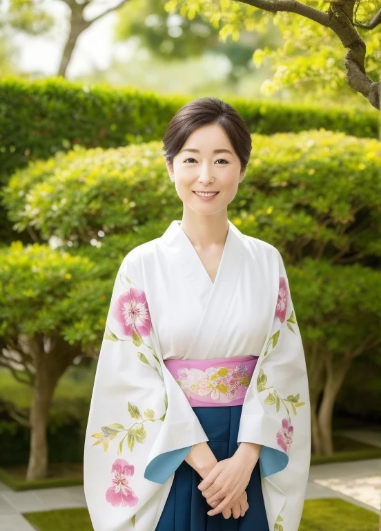 detailed, elegant, classical, oil painting, soft lighting, vibrant colors, woman in a traditional kimono, peaceful garden, cherry blossoms, delicate features, serene expression, intricate patterns on the kimono, gentle smile, refined beauty, graceful posture, traditional Japanese teahouse in the background, sunlight streaming through the leaves, tranquil atmosphere, meticulous brushstrokes, realistic textures, rich depth, fine details, artful composition, timeless beauty, harmonious color palette, captivate the viewer's eyes.