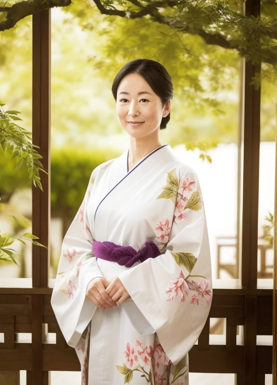 detailed, elegant, classical, oil painting, soft lighting, vibrant colors, woman in a traditional kimono, peaceful garden, cherry blossoms, delicate features, serene expression, intricate patterns on the kimono, gentle smile, refined beauty, graceful posture, traditional Japanese teahouse in the background, sunlight streaming through the leaves, tranquil atmosphere, meticulous brushstrokes, realistic textures, rich depth, fine details, artful composition, timeless beauty, harmonious color palette, captivate the viewer's eyes.