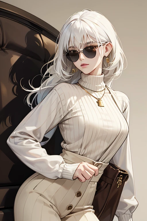 Whippa has fair skin and long, white hair and bangs. She also sports black sunglasses. She wears a two-toned, brown striped turtleneck sweater underneath a white jumper dress with brown trim and 4 buttons on the chest area, a gold necklace, white pants, and white and brown wingtips with yellow laces and black sole