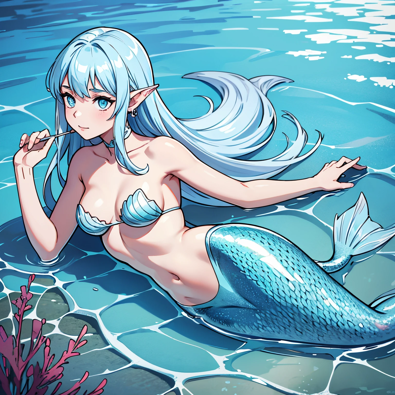 Mermaid swimming gracefully in the sea, Blue scales, The area below the shoulder is covered with fine scales., silber hair, Earlobes are fins, A scale arm covering that sticks to the skin, elegantly spread caudal fin