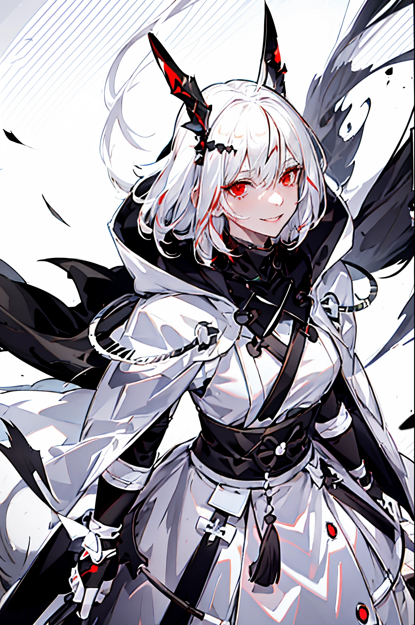 smirk, White clothes, black clothes, white hair, jacket, white eyelashes, red trim, eye gash, shoulder-length hair, gradient hair, 1girl, short hair, solo, red eyes, looking at viewer, bangs, white hair, expressionless,a close up of a person with a sword and a dress, best anime 4k konachan wallpaper, from arknights, ayaka genshin impact, white and red armor, anime style 4 k, white haired deity, ryuko matoi, detailed anime character art, with red glowing eyes, keqing from genshin impact, with glowing red eyes