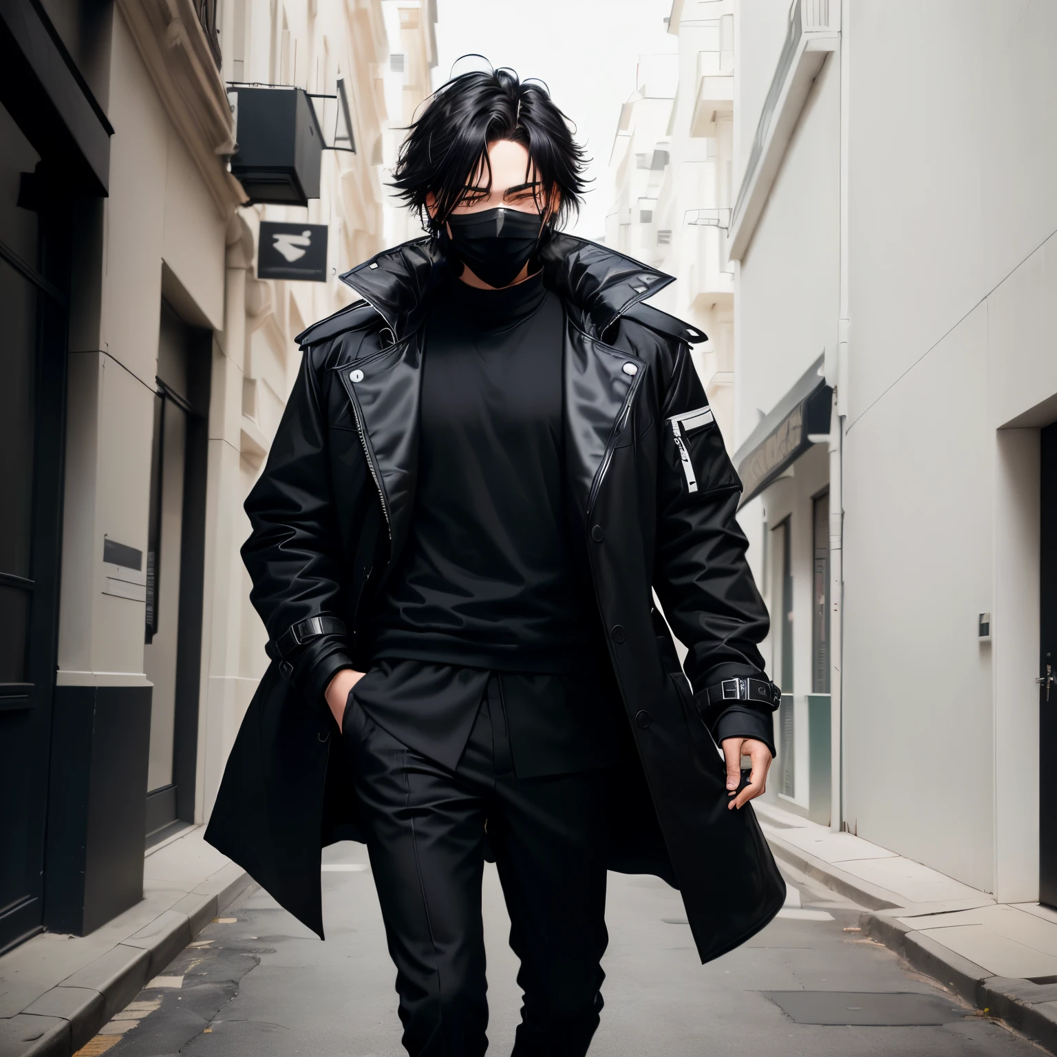 Black mask guy , with messy hairs with black coat with black pants with black air jordans and white shirt inside coat