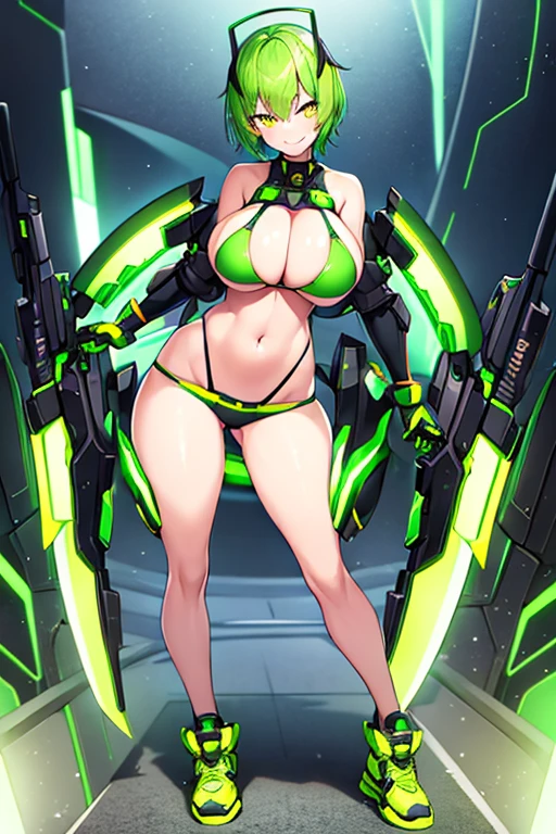 1girl, large breasts, wide hips, green hair, very short hair, short hair, yellow eyes, bikini, black bikini, neon trim, green neon trim, smile, smirk, smug, futuristic, science-fiction, tech, machinery, shoes, sneakers, green neon trim, green trim, full body