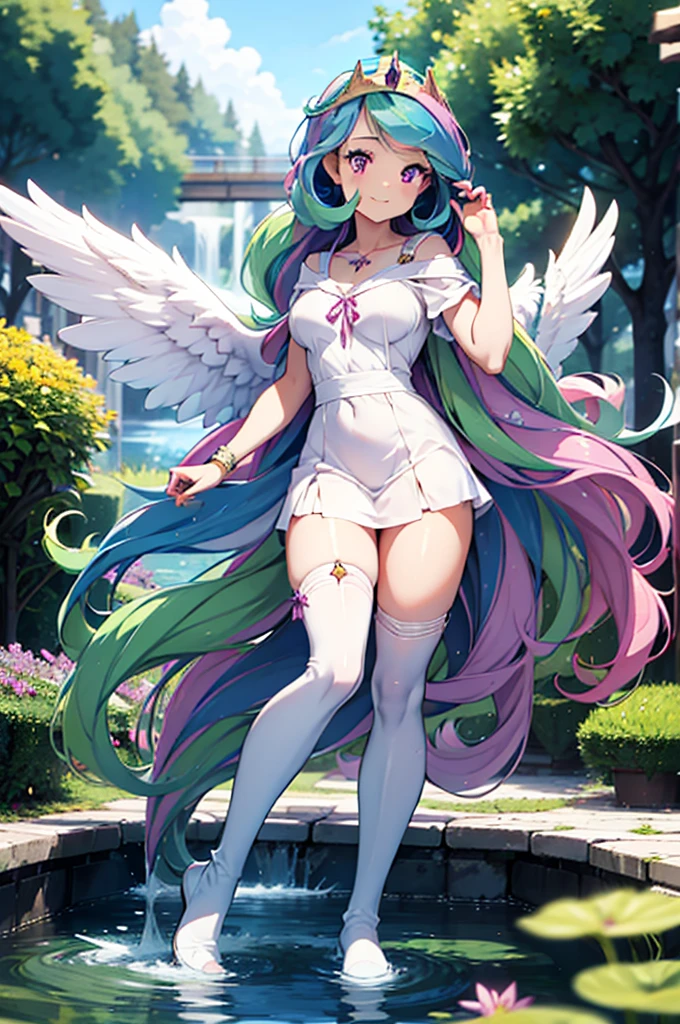 Great quality ++ High resolution extremely detailed, very aesthetic, expressive eyes, (((Perfect face))), (((Symmetrical face))), ((Good anatomy)), (((Perfect hands))), (((8k))), UHD, HD wallpaper, (((high quality))), Ultra detailed, (((1girl))), ((((fullbody)))), (((MLP))), (((princess celestia))), ((human form)), (((princess celestia humanized))), Celestia, celestia from my little pony, celestia in the form of a milf, long wavy hair, pink eyes, lush breast, greek columns, outside, beautiful majestic forest, vine leafs surrounding the columns, bush of flowers everywhere, wear a white goddess dress, knee high boot, white angelic wings, white pony ears, clear sky, bright sunny day, water fall, river, water reflection, lily pads, heavenly forest, long beautiful greek dress