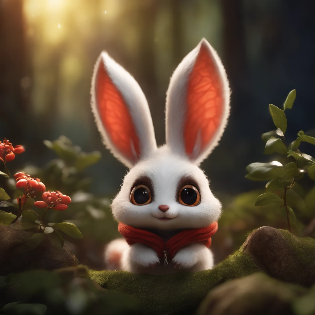 closeup angle of cute tiny little glowworms illuminating a bush, a detailed painting, cgsociety, detailed painting, artstation hd, high detail, cgsociety, photorealism, concept art, artstation hd, official art, bokeh ,gremlin, Like a squirrel,真实感, realism, Huge eyes, large ears, horns near the ears, big nut in paws, white and red fur, Big fluffy tail, brown vest with hood, The clothes, standing in the woods, Best Quality, Masterpiece, in style of dark fantasy art