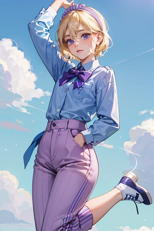 Vicky has a large build, fair skin, short blonde hair, rosy cheeks, and light blue eyeshadow. She wears a purple collared, long-sleeved shirt with side pockets, and sky blue and white trims, light blue pants with purple side-stripe, white shoes with purple laces and black soles, and a purple headband adorned by a small, sky blue bow