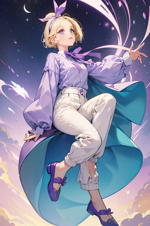 Vicky has a large build, fair skin, short blonde hair, rosy cheeks, and light blue eyeshadow. She wears a purple collared, long-sleeved shirt with side pockets, and sky blue and white trims, light blue pants with purple side-stripe, white shoes with purple laces and black soles, and a purple headband adorned by a small, sky blue bow