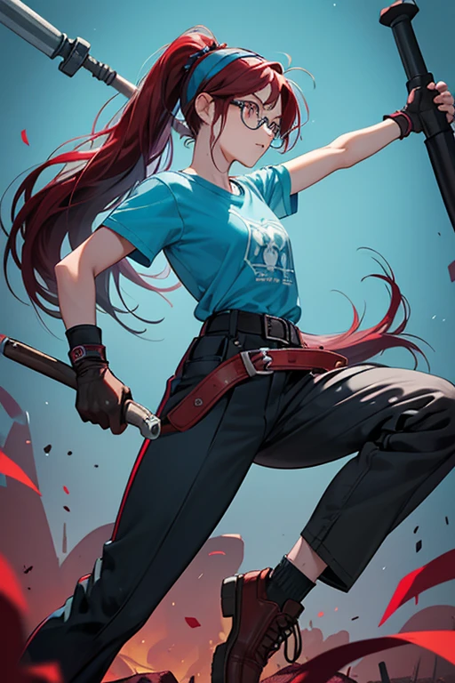 wendy has tanned skin, and long, maroon hair tied in a ponytail held by a turquoise blue hairband, black and blue half-rimmed glasses, a blue shirt with black gears printed on it, black pants held by a maroon belt holding a hammer and wrench, maroon moccasins with black laces and gray soles, and black fingerless gloves. t-pose