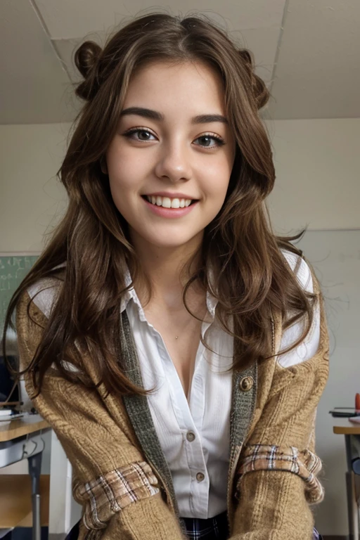 (Masterpiece, Digital art, digital illustration, 4k, 8k, Ultra detailed, beautiful image, Sharp image, photorealistic, RAW Photo, Perfect face, Perfect lines, perfect eyes, soft lighting) 1 woman, (light brown hair, Bun hair in high position, innocent look, low eyebrows, drooping eyebrows, drooling eyes, cute big eyes, natural makeup, round jaws, (woman, the woman wears uniforms, youthful women's hairstyle, woman with bright smile:1.2), A classroom full of light、schools、school uniform、Jackets、Black plaid pleated skirt、loose cardigan、school school woman