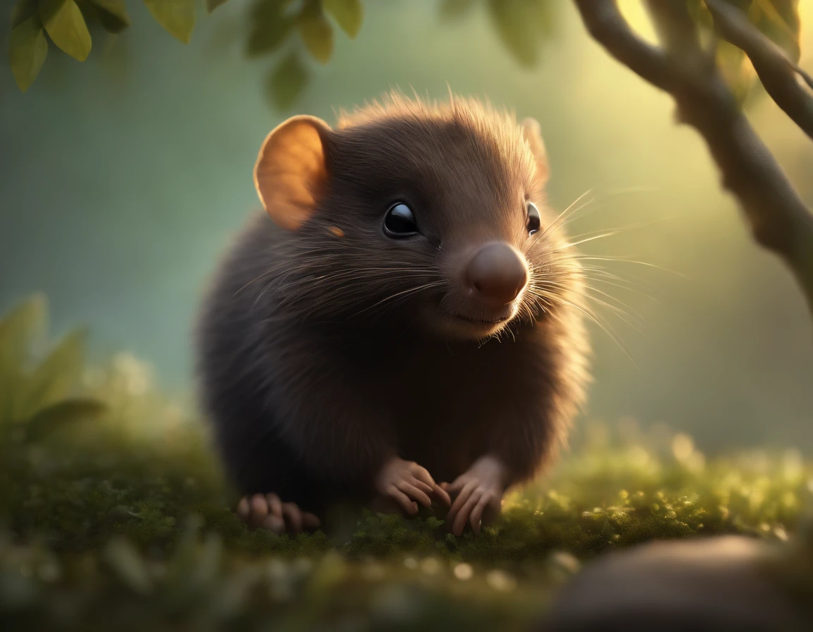 close-up of cute little fireflies, lighting up a bush, detailed picture, cgsociety, Detailed painting, artstation hd, higly detailed, cgsociety, photo realism, ConceptArt, artstation hd, official arts, bokeh  ,(CBZBB:1.25),gremlin, gremlin, looks like an echidna, ((Ez idna)), in a clearing under an oak tree, holding a large acorn in his paws, five toes on paws, large ears, CBZBB,Cute, Small, baby, Beautiful, Fantasy art, deviant art, trending artstation, Digital Art, Detailed, Realistic, humanoid, character, tiny, Cinematic shot, cinematic portrait of a mole, cute character, looks like a mole,