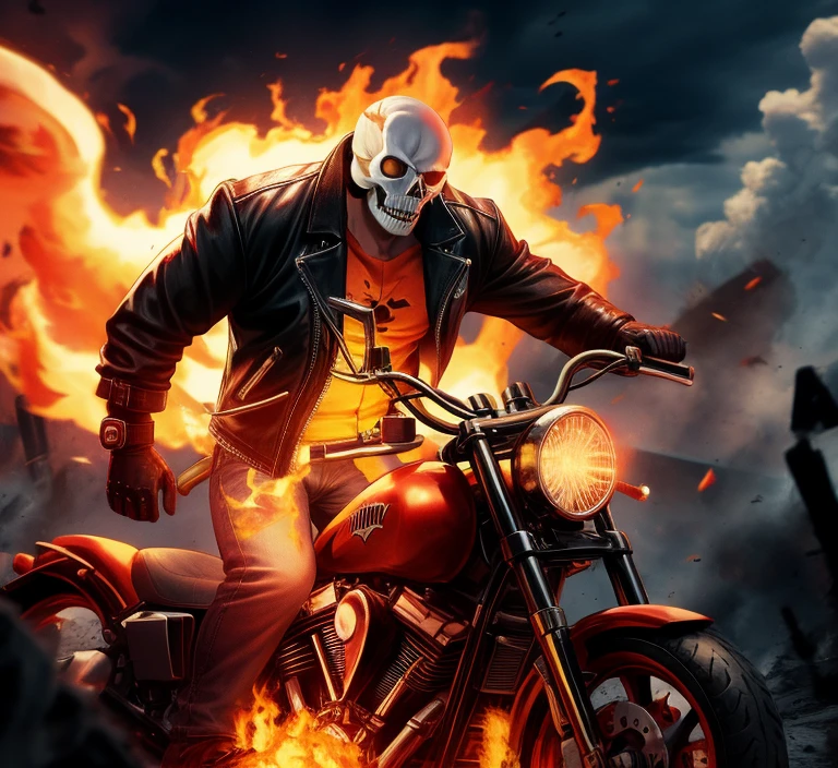 buff ghost rider with lots of fire fighting, background: battlefield and thunderclouds, badass fight