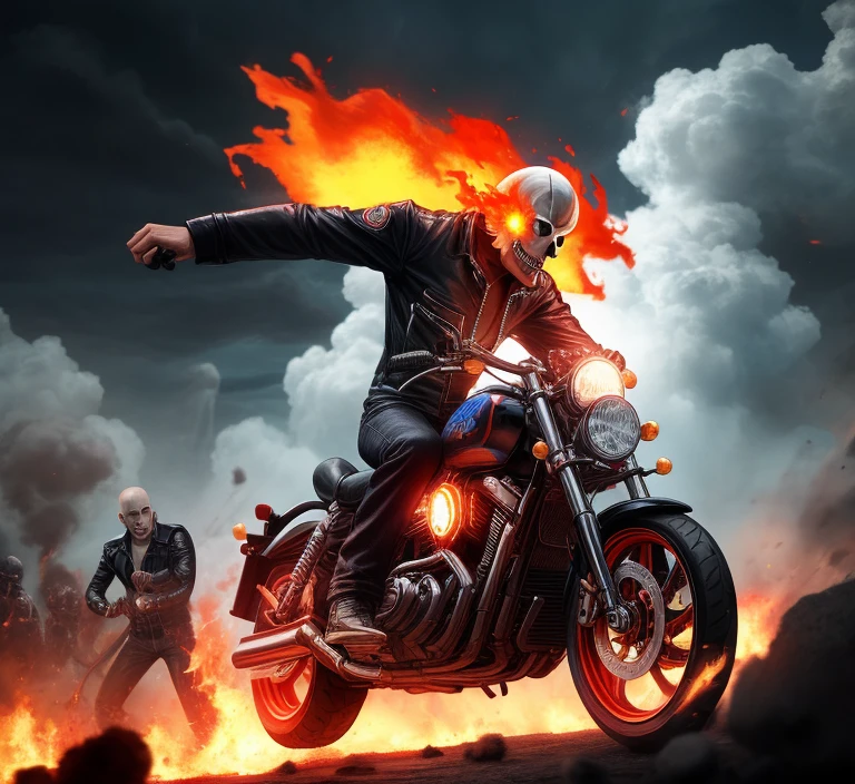 buff ghost rider with lots of fire fighting, background: battlefield and thunderclouds, badass fight