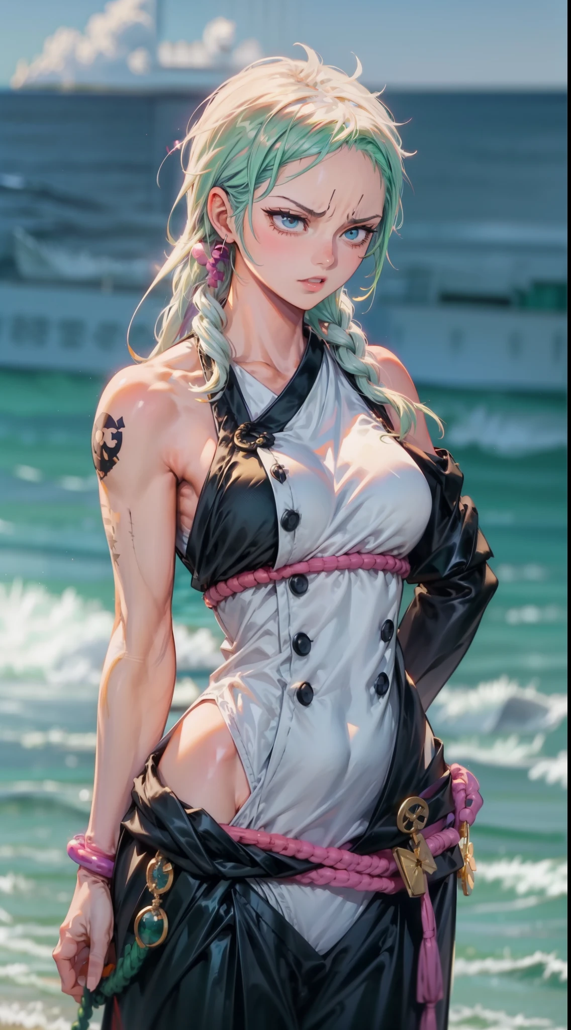 1girl, minimalism, female roronoa zoro, Eiichirō Oda, simple, vector, bodybuilder, sea from background, scar across eye, bokeh, perfect female body shape, open chest