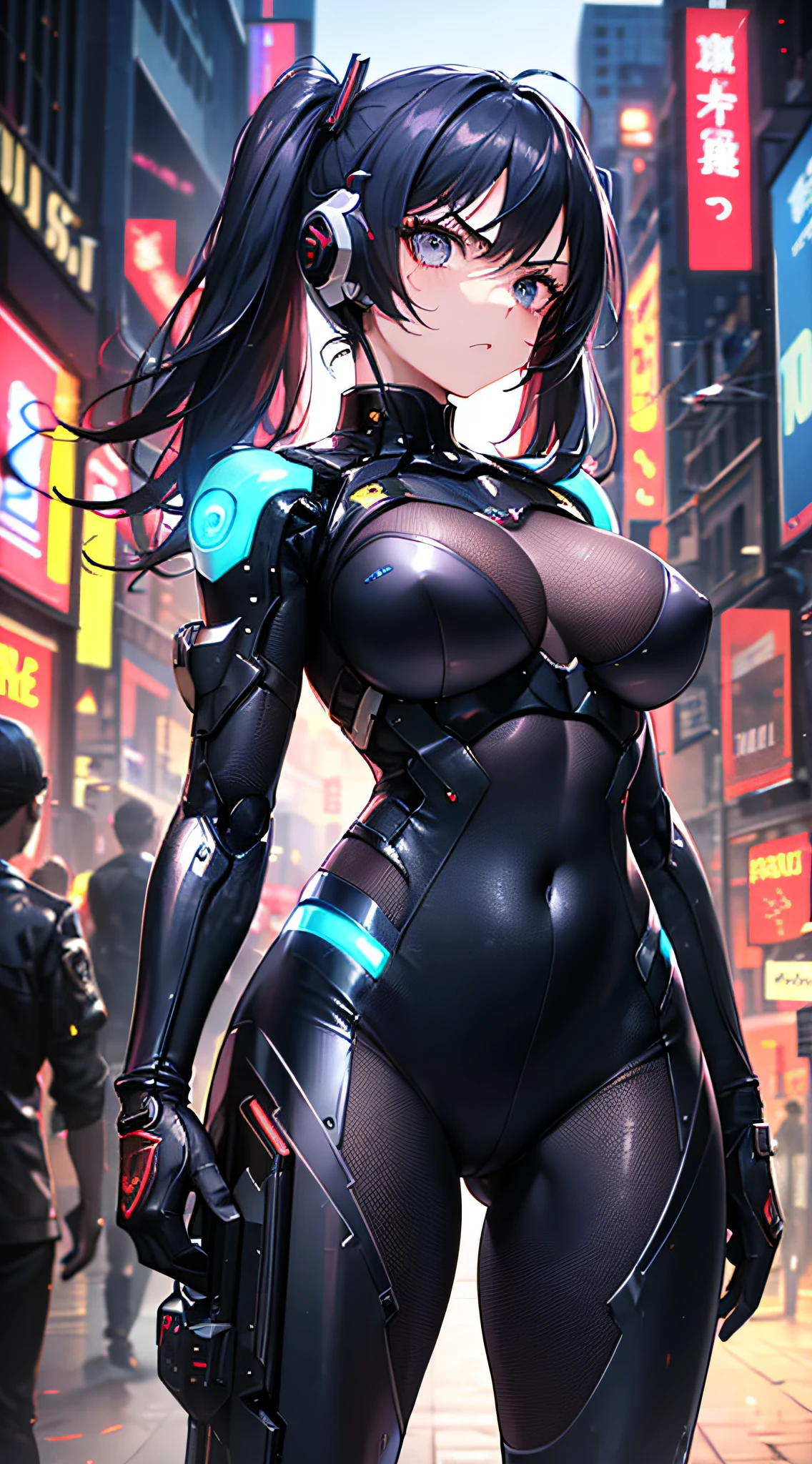 (a closeup:1.4)、(Raw photography:1.2)、(Photorealsitic:1.4)、(masterpiece:1.3)、(top-quality:1.4)、(Beautiful woman with perfect body:1.4)、Woman standing in front of a group of robots、beautiful android woman、Beautiful Female Soldier、Girl in suit、complex combat uniform、beautiful young japanese woman、Highly detailed facial and skin texture、Detailed Big Eyes、二重まぶた、cute face、(Twin-tailed:1.2)、(huge-breasted)、(FULL BODYSHOT)、cowboy shot、(angry expressions:1.2)、Storms and epic war scenes、cyberpunk scene、Night、illuminations、plugsuit、combat uniform damage、
