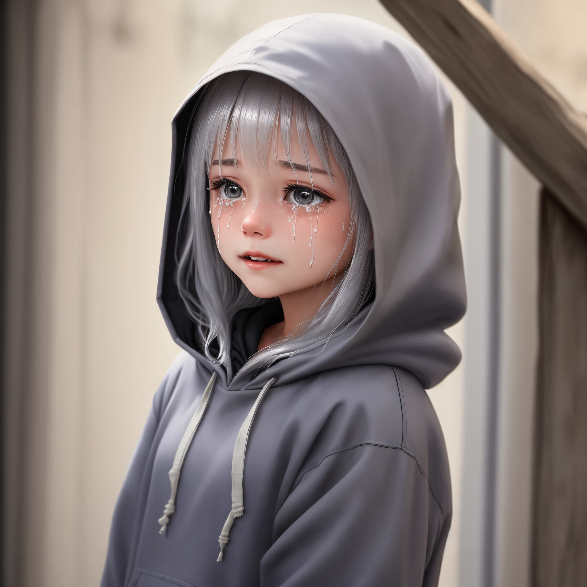Crying silver-haired girl wearing a hood