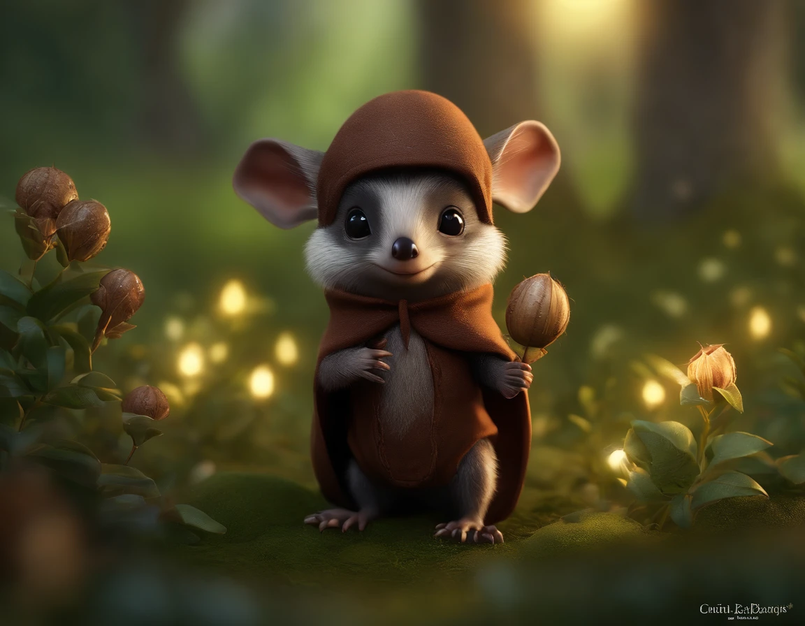 close-up of cute little fireflies, illuminate the bush, detailed picture, cgsociety, Detailed painting, artstation hd, higly detailed, cgsociety, photo realism, ConceptArt, artstation hd, official arts, bokeh ,(CBZBB:1.25),gremlin, gremlin, looks like an echidna, ((Ez idna)), dressed in a tunic with a hood, Assassin, in a clearing under an oak tree, holding a large acorn in his paws, five toes, large ears, CBZBB,Cute, Small, baby, Beautiful, Fantasy art, deviant art, trending artstation, Digital Art, Detailed, Realistic, humanoid, character, tiny, Cinematic shot, cinematic portrait of a mole, cute character, looks like a mole,