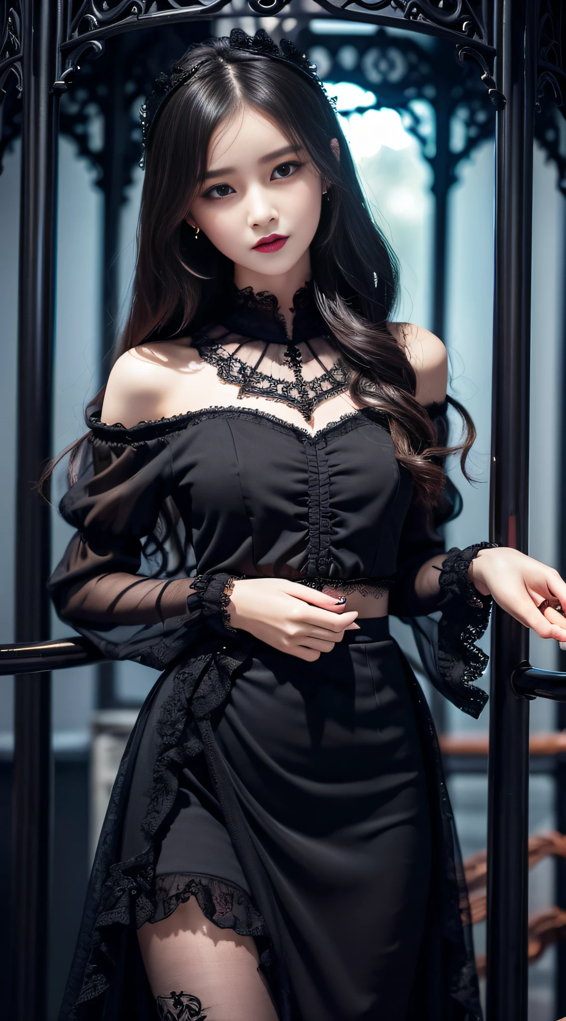Ultra-detailed、Fascinating beauty、Dainty woman、Cool Girl、Wavy Hair、Black chiffon dress、Wide sleeves、flered skirt、Evil Female Executive、Evil Fall、brainwash、lacy fabric、Glossy legs、black lipstick、Evil look、Suspicious look、Hollow eyes、wicked、Reaching out、Over Head Shot、Hold your hand over it、stand up