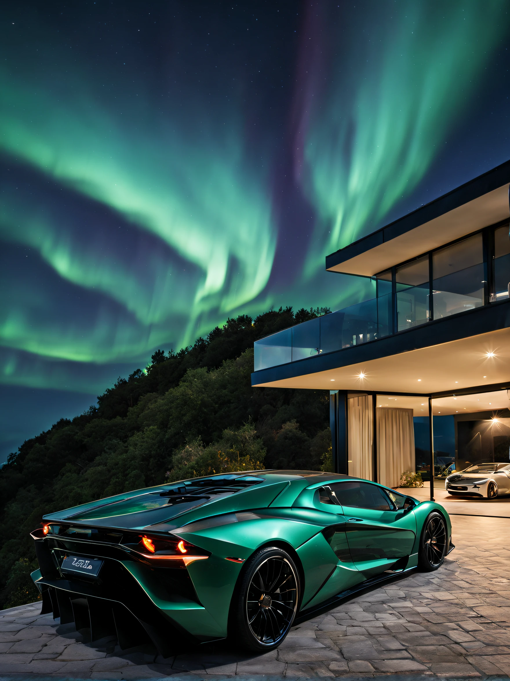 mediteranian style house, glass house with a sloping roof, (parking, super car: 1.2), modern mansion, (RAW photo, real, best quality, masterpiece), perfect lighting, archdaily, night-time, the trajectory of a star, dark night, (aurora: 1.3)