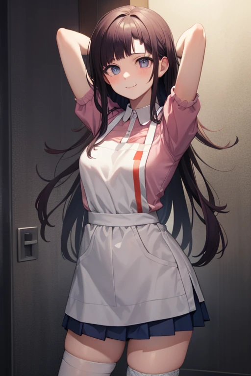 mikantsumiki, mikan tsumiki, long hair, purple hair, (purple eyes:1.1), bangs, blunt bangs, smile, shy
BREAK apron, bandaged leg, bandages, collared shirt, miniskirt, pink shirt, pleated skirt, puffy short sleeves, puffy sleeves, shirt, short sleeves, skirt, two-tone shirt, white apron, white shirt,
BREAK looking at viewer,
BREAK forest, dark sky, contrapposto, smile, spread armpits, cowboy shot, sleeveless, arms behind head,
BREAK (masterpiece:1.2), best quality, high resolution, unity 8k wallpaper, (illustration:0.8), (beautiful detailed eyes:1.6), extremely detailed face, perfect lighting, extremely detailed CG, (perfect hands, perfect anatomy),