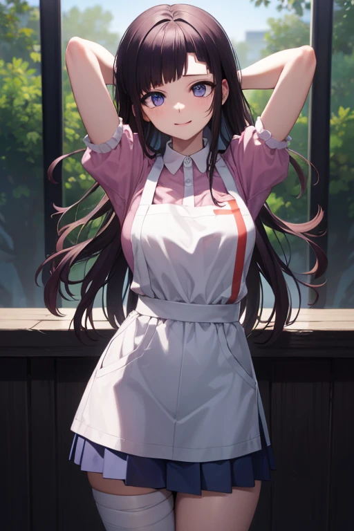 mikantsumiki, mikan tsumiki, long hair, purple hair, (purple eyes:1.1), bangs, blunt bangs, smile, shy
BREAK apron, bandaged leg, bandages, collared shirt, miniskirt, pink shirt, pleated skirt, puffy short sleeves, puffy sleeves, shirt, short sleeves, skirt, two-tone shirt, white apron, white shirt,
BREAK looking at viewer,
BREAK forest, dark sky, contrapposto, smile, spread armpits, cowboy shot, sleeveless, arms behind head,
BREAK (masterpiece:1.2), best quality, high resolution, unity 8k wallpaper, (illustration:0.8), (beautiful detailed eyes:1.6), extremely detailed face, perfect lighting, extremely detailed CG, (perfect hands, perfect anatomy),