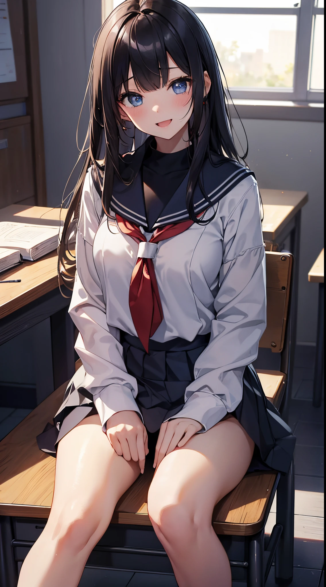 (extremely details CG、Unity、8K Wallpapers)、(extremely delicate and beautiful)、(​masterpiece)、(top-quality:1.0)、(超A high resolution:1.0)、beautiful  lighting、perfect lightning bolt、realistic shadow、[hight resolution]、Detailed skin、ultra-detailliert、detailed faces and eyes、Realistic eyes、Sharp pupils、cowboy  shot, Inside the classroom、Schools、Evening glow、beauitful face、blurry backround、16-year-old beautiful girl、shinny skin、Side Up、Beautiful black hair、Blunt bangs、Blue eyes、a sailor suit、Pleated miniskirt、Curve、Sitting on a desk、(Opening legs、You can see light panties.:1.2)、Smile with open mouth、Looks happy