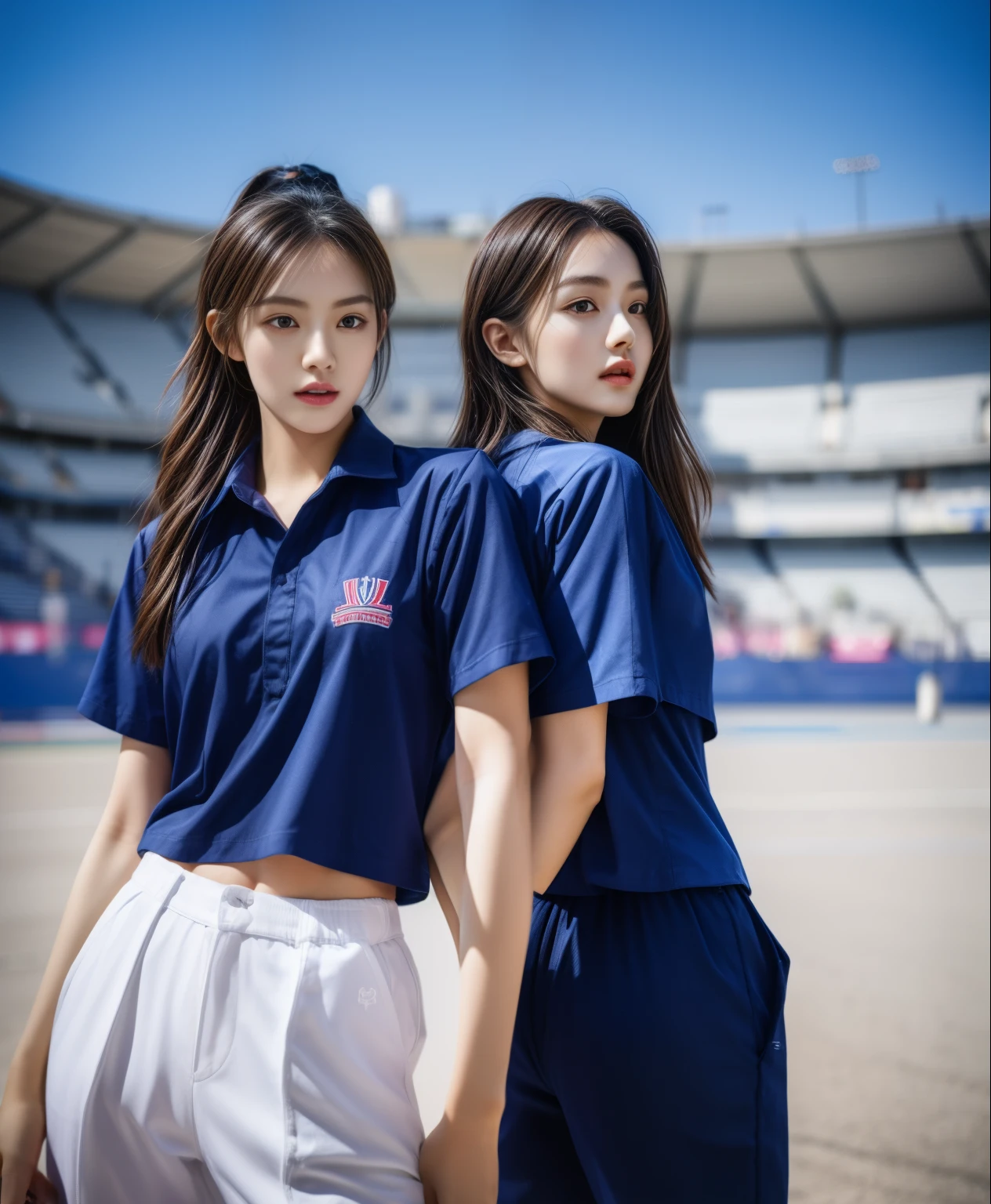 (bestquality,10,10,highres,masterpiece:1.2),ultra-detail,(Realistic,photorealistic portrait,photo-realistic:1.37),1 Cute girl in the football field,oily shiny skin,bara,light smile,BDclothes,((blue shirt:1.3)),short sleeves,shirt, trousers.,(navy_long_Pants Track:1.1), ((Stadium Background:1.3)),dynamic angle,excited,face focus,Dynamic Poses,from behide,Ass Focus,masterpiece, bestquality, ultra realistic, hyper-detail, 8k resolution, RAW photo, crisp focus, ((Navy blue shirt:1.1)), short sleeves, Long Path, Perfect body, 2 mature women, 18yo, cinematic light,Blue sweatpants,Gymware,Correct anatomy,Complete body, Correct body, sharp face, Anatomically correct body, full entire body, Realistic gestures, long-haired, Realistic poses,Wear long shorts.........................,Long leg span,Shapely,Sculpting Girl, Slender Figure, mannequin mannequins, Shapely, Beautiful body,Blue sweatpants, Two girls kissing