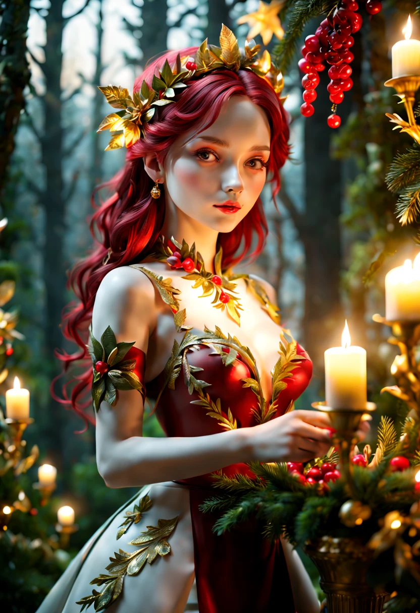 (Plant Girl, nature theme:1.4), Frosted Cranberry Red, Warm Candlelight Gold, Silver Pine Green, Porcelain White, (best composition), ultra-wide-angle, octane render, enhance, intricate, (best quality, masterpiece, Representative work, official art, Professional, unity 8k wallpaper:1.3)