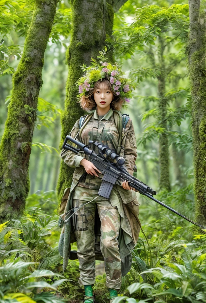 middle,(a girl made of fresh,Holding a sniper rifle made of plants and aiming at the target,Sniper rifle made from green plants,Body covered with flowers and plants,plant high heels,Plant hair,Plant clothes),blossoms,age-old tree,ln the forest,(globalillumination、Ray traching、HDR、Unrealistic rendering、Rational design、tmasterpiece、best qualtiy、hyper HD、cinmatic lighting,anatomy correct,Facial features of beautiful Korean women)