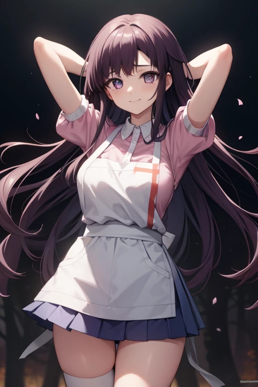 mikantsumiki, mikan tsumiki, long hair, purple hair, (purple eyes:1.1), bangs, blunt bangs, smile, shy
BREAK apron, bandaged leg, bandages, collared shirt, miniskirt, pink shirt, pleated skirt, puffy short sleeves, puffy sleeves, shirt, short sleeves, skirt, two-tone shirt, white apron, white shirt,
BREAK looking at viewer,
BREAK forest, dark sky, contrapposto, smile, spread armpits, cowboy shot, sleeveless, arms behind head,
BREAK (masterpiece:1.2), best quality, high resolution, unity 8k wallpaper, (illustration:0.8), (beautiful detailed eyes:1.6), extremely detailed face, perfect lighting, extremely detailed CG, (perfect hands, perfect anatomy),