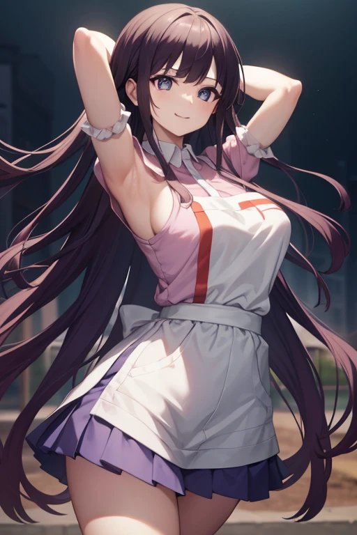 mikantsumiki, mikan tsumiki, long hair, purple hair, (purple eyes:1.1), bangs, blunt bangs, smile, shy
BREAK apron, bandaged leg, bandages, collared shirt, miniskirt, pink shirt, pleated skirt, puffy short sleeves, puffy sleeves, shirt, short sleeves, skirt, two-tone shirt, white apron, white shirt,
BREAK looking at viewer,
BREAK forest, dark sky, contrapposto, smile, spread armpits, cowboy shot, sleeveless, arms behind head,
BREAK (masterpiece:1.2), best quality, high resolution, unity 8k wallpaper, (illustration:0.8), (beautiful detailed eyes:1.6), extremely detailed face, perfect lighting, extremely detailed CG, (perfect hands, perfect anatomy),