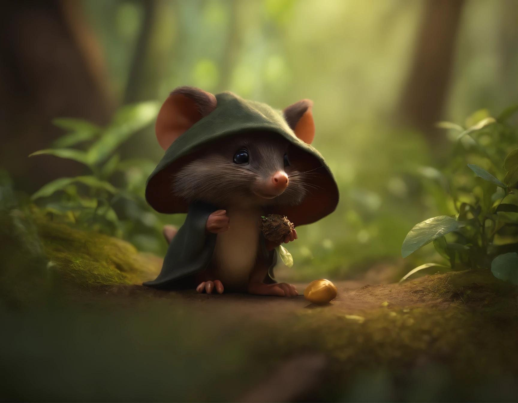 close-up of cute little fireflies, illuminate the bush, detailed picture, cgsociety, Detailed painting, artstation hd, higly detailed, cgsociety, photo realism, ConceptArt, artstation hd, official arts, bokeh  ,(CBZBB:1.25),gremlin, gremlin, looks like an echidna, ((Ez idna)), dressed in a tunic with a hood, Assassin, in a clearing under an oak tree, holding a large acorn in his paws, five toes, large ears, CBZBB,Cute, Small, baby, Beautiful, Fantasy art, deviant art, trending artstation, Digital Art, Detailed, Realistic, humanoid, character, tiny, Cinematic shot, cinematic portrait of a mole, cute character, looks like a mole,