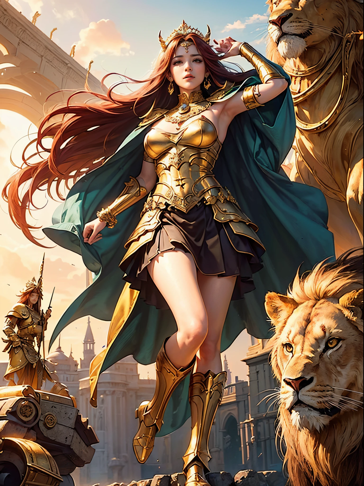 ((masterpiece)))、(((top-quality)))、((ultra-detailliert))、(A hyper-realistic)、(highly detailed CGillustration)、Official art、lion motif、Gold and red tones、Fantasia、Ancient mythology、Ancient Mesopotamia、Eventide、the royal palace、Mystical、solemnity、An majestic、Best Quality, master piece、Eventide、Ishtar, Goddess of War、battlefield commander、guardian of babylon、Increase your fighting spirit、Invincible Great General、Awe-inspiring Hall々、brave、honor of babylon、Treasure of Babylon、veteran hero、Slender eyes、matchless beauty、Rin々Right、Guardian of the Lion、refinement、noble、Proud、Wearing noble jewelry、Equip your weapons、The appearance is luxurious and golden armor、Cloak in the wind、Tall and lean、Model body type、fiery red long hair、Perfect Angle、perfect-composition、low angles、full body Esbian