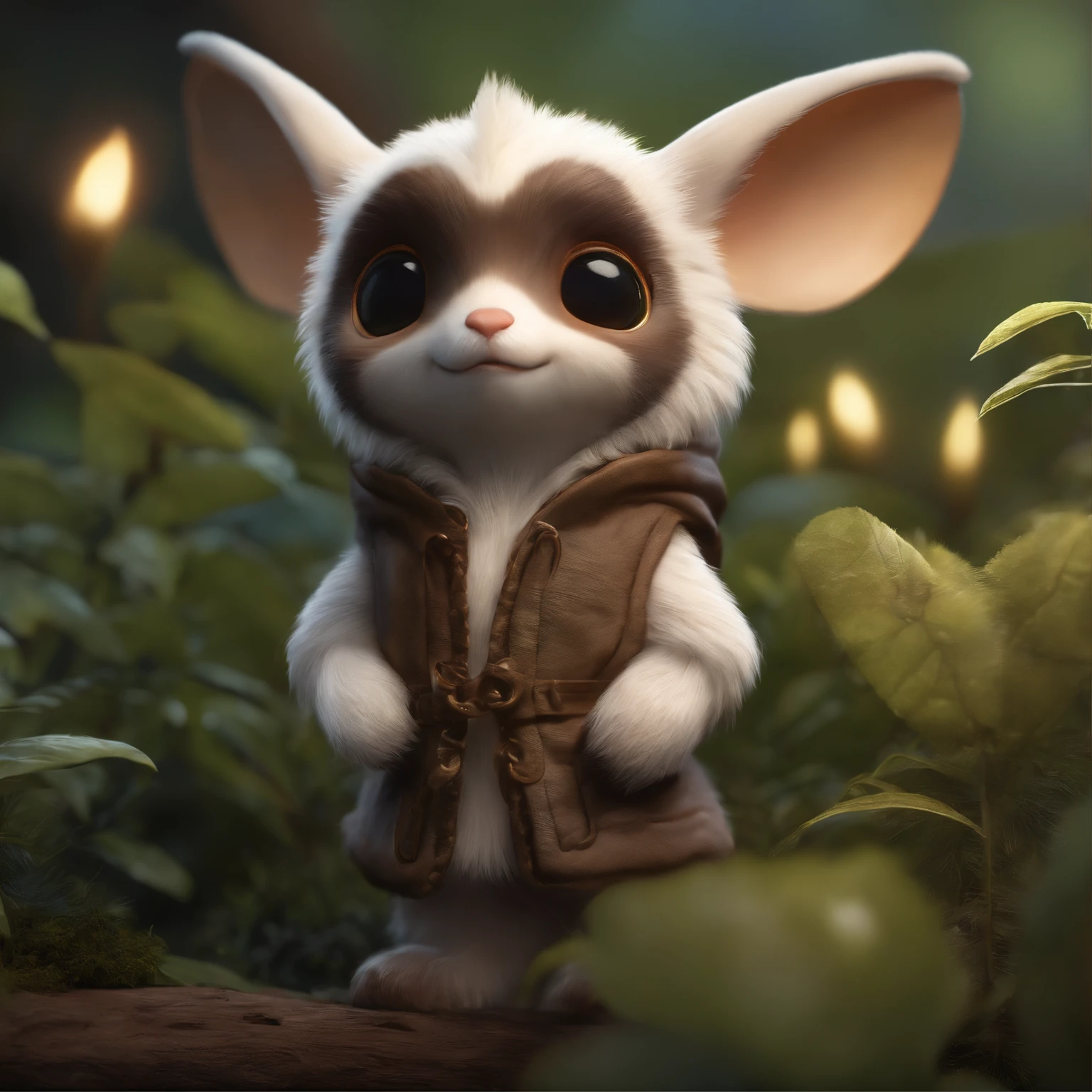 closeup angle of cute tiny little glowworms illuminating a bush, a detailed painting, cgsociety, detailed painting, artstation hd, high detail, cgsociety, photorealism, concept art, artstation hd, official art, bokeh ,gremlin, like a weasel, Huge eyes, small ears, horns near the ears, big nut in paws, white and brown fur, small fluffy tail, brown vest with hood, The clothes, standing in the woods, Best Quality, Masterpiece, in style of dark fantasy art