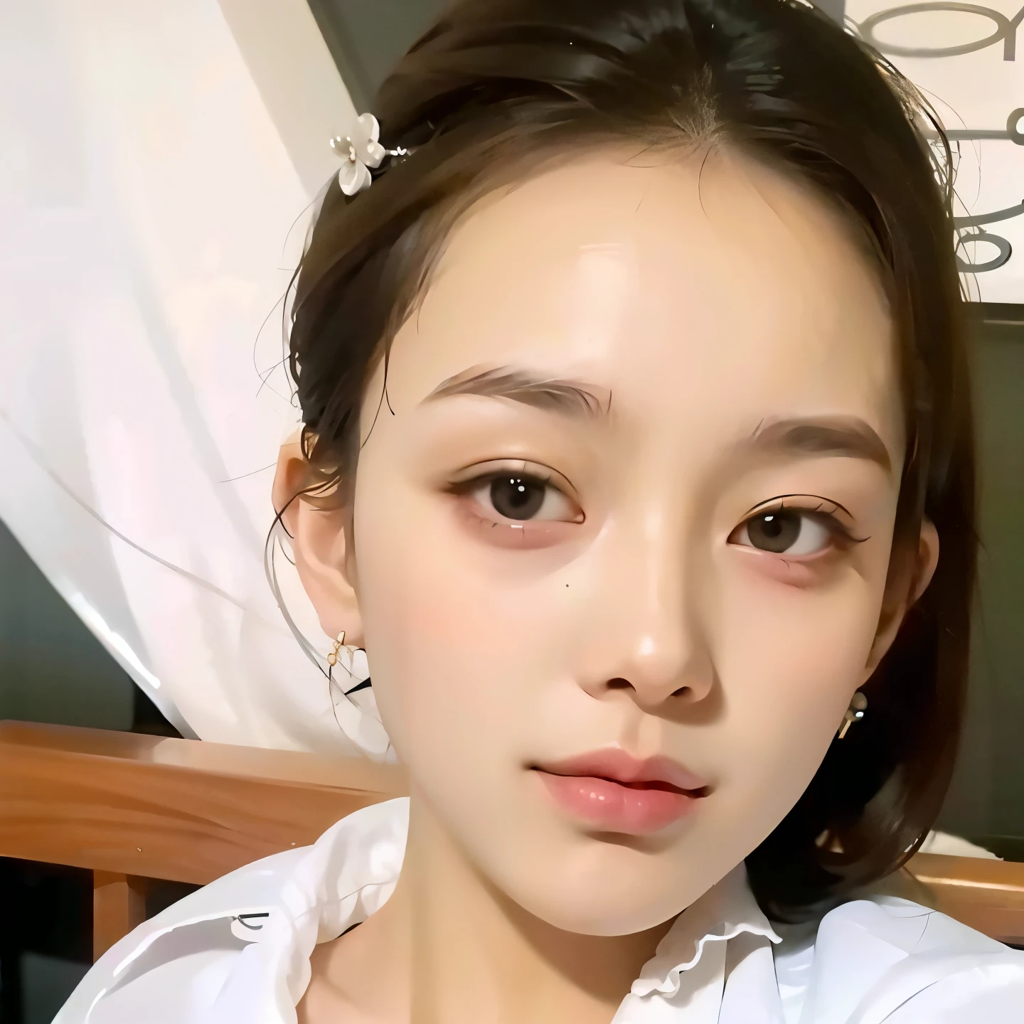 there is a woman that is sitting down with a white shirt, young adorable korean face, korean symmetrical face, wan adorable korean face, dilraba dilmurat, korean face features, young cute wan asian face, beautiful south korean woman, small heart - shaped face, gorgeous young korean woman, xintong chen, popular south korean makeup, beautiful young korean woman
