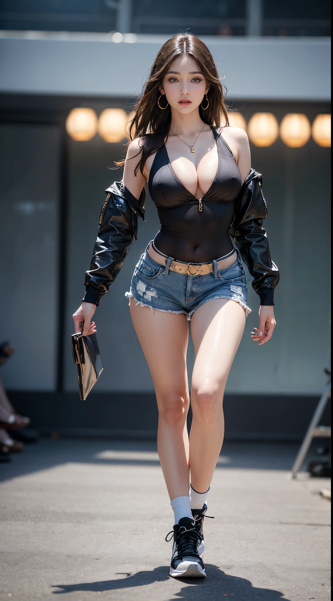 nsfw, 8k, best quality, highres, realistic, real person, A dynamic scene of a female model walking confidently down a runway, surrounded by a large audience under bright lights. The model is elegantly dressed in a high-fashion outfit, with the spotlight focused on her. She exudes confidence and grace as she strides forward. The audience is captivated, and the atmosphere is vibrant and glamorous, capturing the essence of a high-end fashion show. Metallic bodysuit, denim shorts, sneakers, Big breasts, cleavage, beautiful legs, long beautiful legs, beautiful waist, exposed belly button