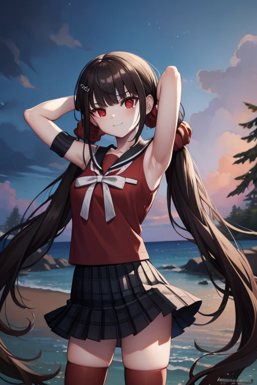 makiharukawa, harukawa maki, long hair, bangs, brown hair, black hair, hair ornament, (red eyes:1.5), twintails, very long hair, hairclip, blunt bangs, mole under eye, low twintails, scrunchie, hair scrunchie, red scrunchie, (small breast:1.2), BREAK skirt, shirt, thighhighs, long sleeves, bow, school uniform, pleated skirt, serafuku, miniskirt, black skirt, sailor collar, mole, bracelet, zettai ryouiki, plaid, plaid skirt, red shirt, black sailor collar, red thighhighs, BREAK looking at viewer, BREAK outside, beach, BREAK (masterpiece:1.2), best quality, high resolution, unity 8k wallpaper, (illustration:0.8), (beautiful detailed eyes:1.6), extremely detailed face, perfect lighting, extremely detailed CG, (perfect hands, perfect anatomy),