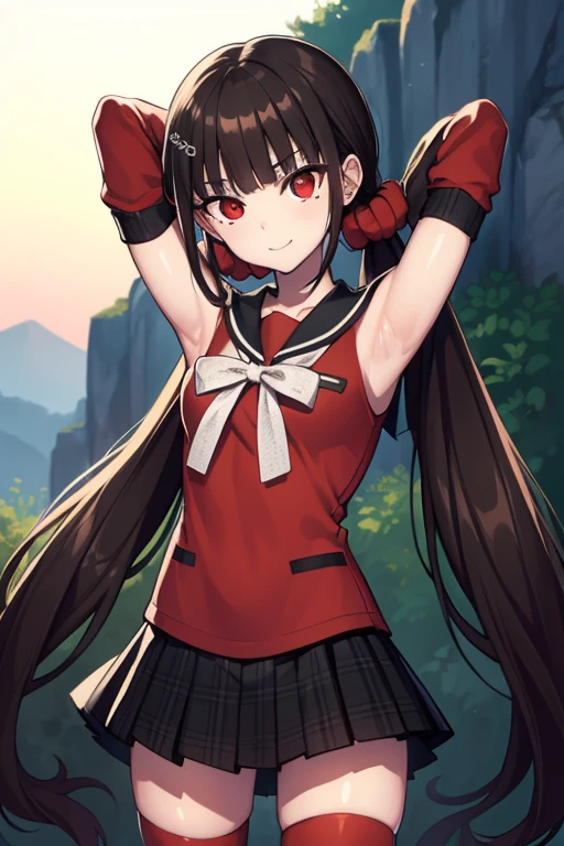 makiharukawa, harukawa maki, long hair, bangs, brown hair, black hair, hair ornament, (red eyes:1.5), twintails, very long hair, hairclip, blunt bangs, mole under eye, low twintails, scrunchie, hair scrunchie, red scrunchie, (small breast:1.2), BREAK skirt, shirt, thighhighs, long sleeves, bow, school uniform, pleated skirt, serafuku, miniskirt, black skirt, sailor collar, mole, bracelet, zettai ryouiki, plaid, plaid skirt, red shirt, black sailor collar, red thighhighs, BREAK looking at viewer, BREAK outside, beach, BREAK (masterpiece:1.2), best quality, high resolution, unity 8k wallpaper, (illustration:0.8), (beautiful detailed eyes:1.6), extremely detailed face, perfect lighting, extremely detailed CG, (perfect hands, perfect anatomy),  forest, dark sky, contrapposto, smile, spread armpits, cowboy shot, sleeveless, {arms behind head},