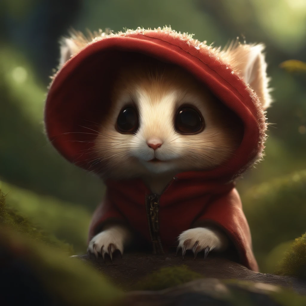 closeup angle of cute tiny little glowworms illuminating a bush, a detailed painting, cgsociety, detailed painting, artstation hd, high detail, cgsociety, photorealism, concept art, artstation hd, official art, bokeh   ,gremlin, Like a squirrel, Huge eyes, Large tasseled ears, big nut in paws, white and red fur, Big fluffy tail, brown vest with hood, The clothes, stands in the summer forest, Best Quality, Masterpiece, in style of dark fantasy art