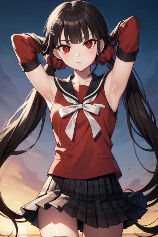 masterpiece, best quality, ultra-high-detailed, Harumaki, red eyes, brown hair, low twintails, red scrunchie, mole under eye, hairclip, white bow, red serafuku, black sailor collar, black skirt, pleated skirt, sleeves rolled up, red thighhighs, solo, upper body, night sky, forest, arms behind head, contrapposto, shy smile, spread armpits, shy smile, looking at viewer,