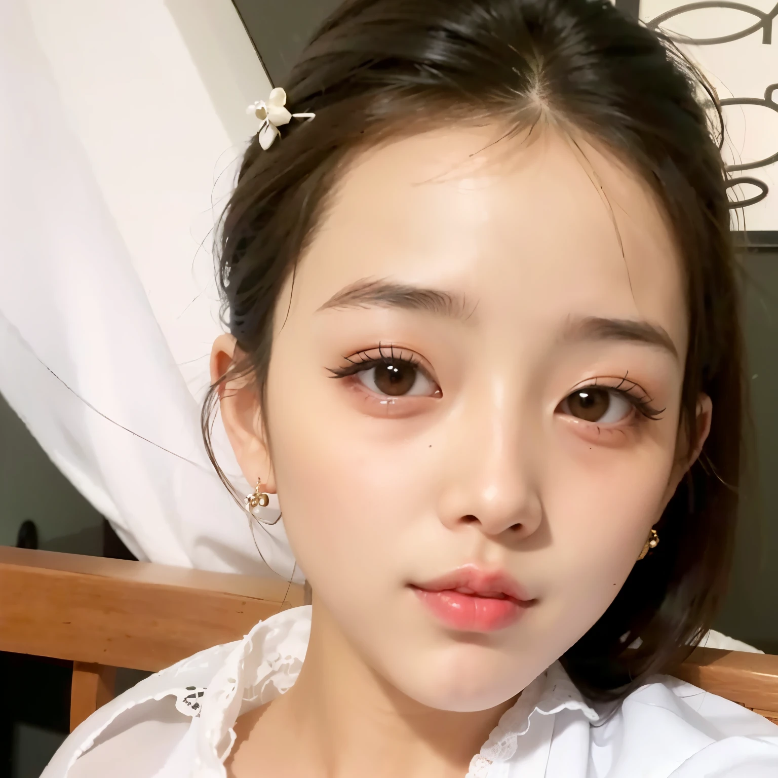 there is a woman that is sitting down with a white shirt, young adorable korean face, korean symmetrical face, wan adorable korean face, dilraba dilmurat, korean face features, young cute wan asian face, beautiful south korean woman, small heart - shaped face, gorgeous young korean woman, xintong chen, popular south korean makeup, beautiful young korean woman