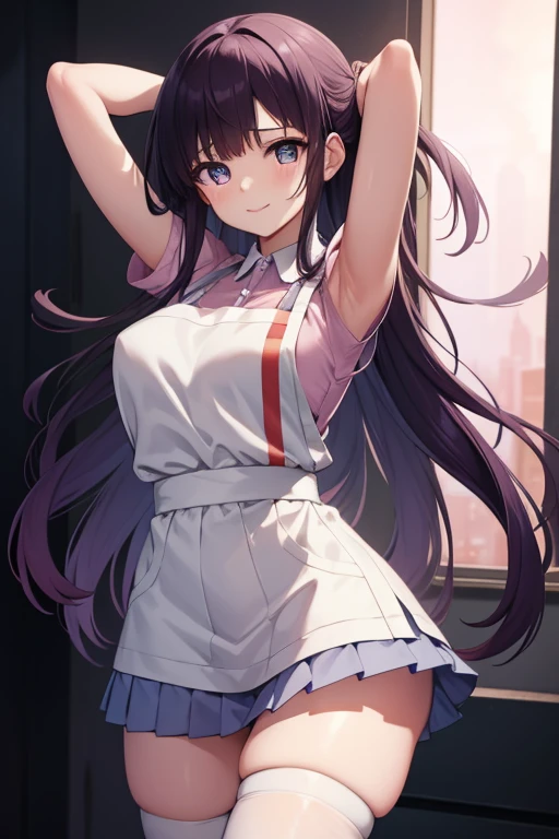 mikantsumiki, mikan tsumiki, long hair, purple hair, (purple eyes:1.1), bangs, blunt bangs, smile, shy
BREAK apron, bandaged leg, bandages, collared shirt, miniskirt, pink shirt, pleated skirt, puffy short sleeves, puffy sleeves, shirt, short sleeves, skirt, two-tone shirt, white apron, white shirt,
BREAK looking at viewer,
BREAK forest, dark sky, contrapposto, smile, spread armpits, cowboy shot, sleeveless, arms behind head,
BREAK (masterpiece:1.2), best quality, high resolution, unity 8k wallpaper, (illustration:0.8), (beautiful detailed eyes:1.6), extremely detailed face, perfect lighting, extremely detailed CG, (perfect hands, perfect anatomy),